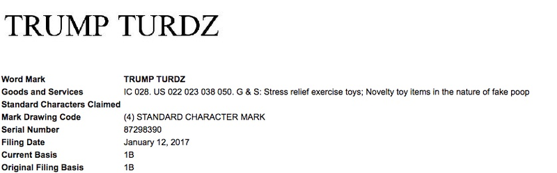 A screenshot from the US Patent and Trademark Office showing the trademark filed for Trump Turdz™, which is to be used as a novelty toy item (USPTO)
